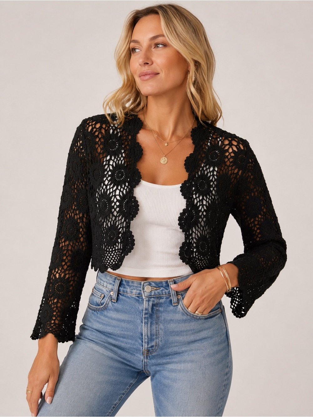 Joseph A. Black Crochet Floral Cropped Cardigan - Size L